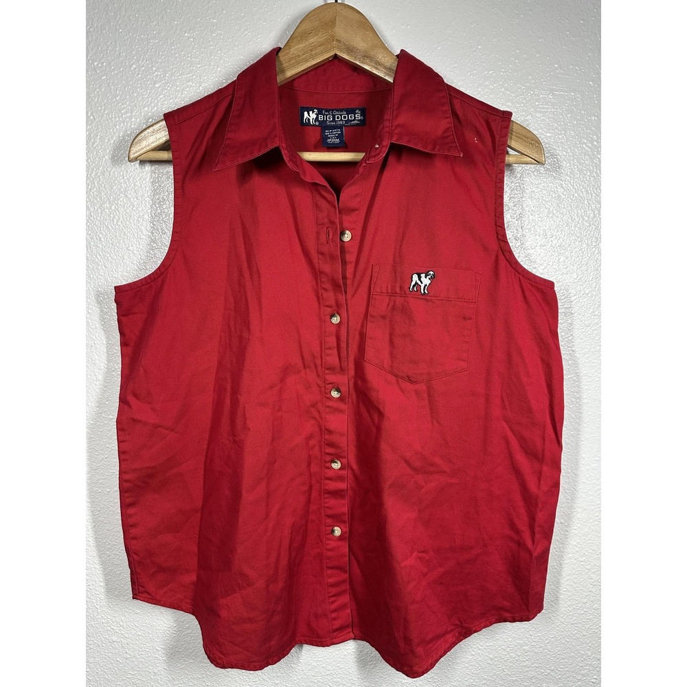 Big Dogs Shirt Womens Medium Sleeveless Button Up‎ Pocket Embroidered Dog